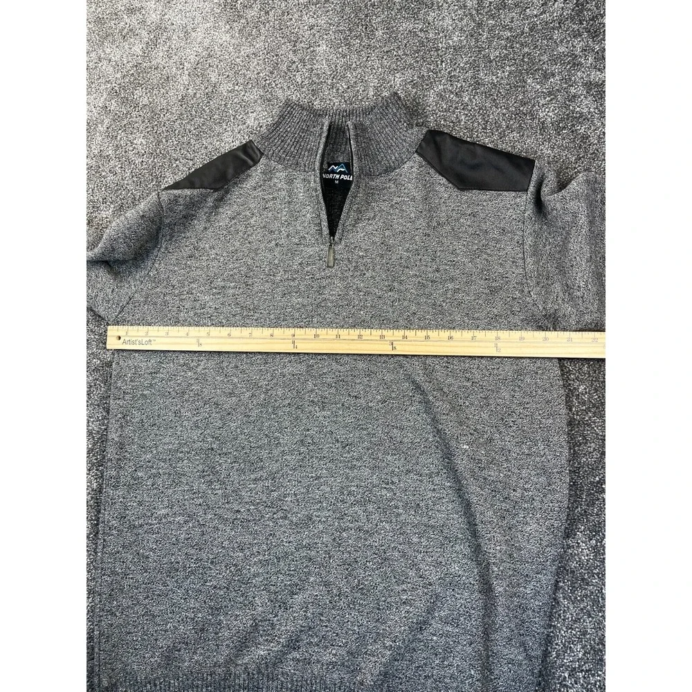 North Pole Sweater Mens M Quarter Zip Knit Gray/Black Suede Shoulder Pullover - Picture 7 of 9